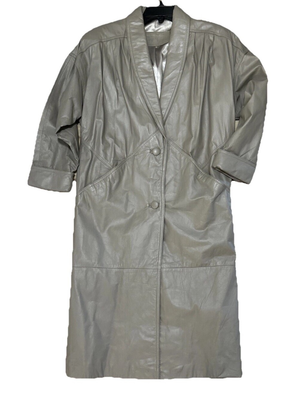 Vintage Jacqueline Ferrari Size S Oatmeal Long Leather Coat 2 Button Shawl Colla